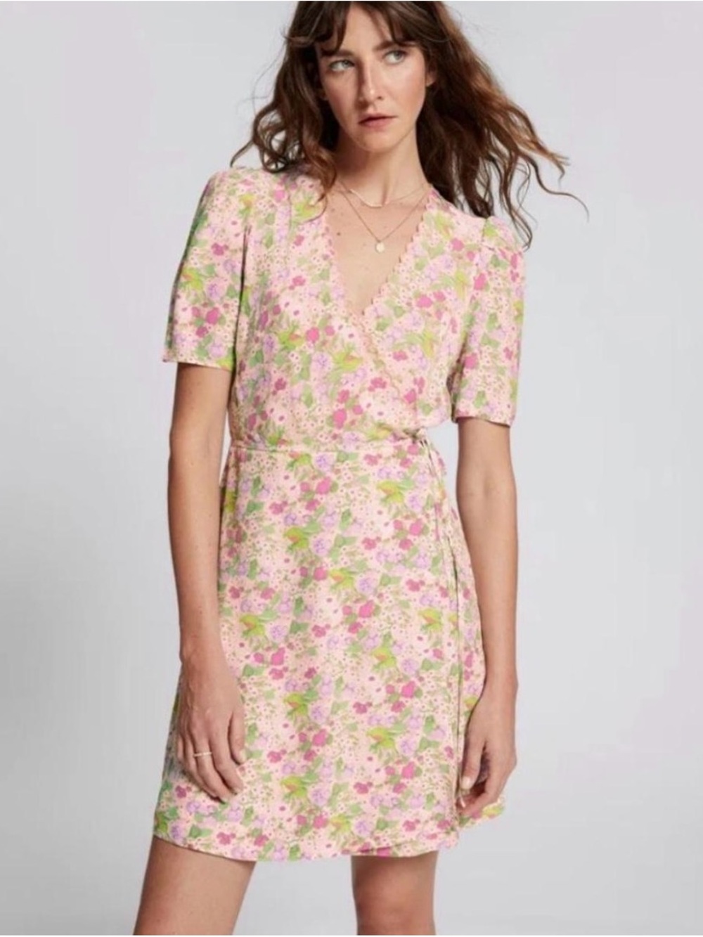 & Other Stories Pink and Green Floral Wrap Mini Dress, Size 12